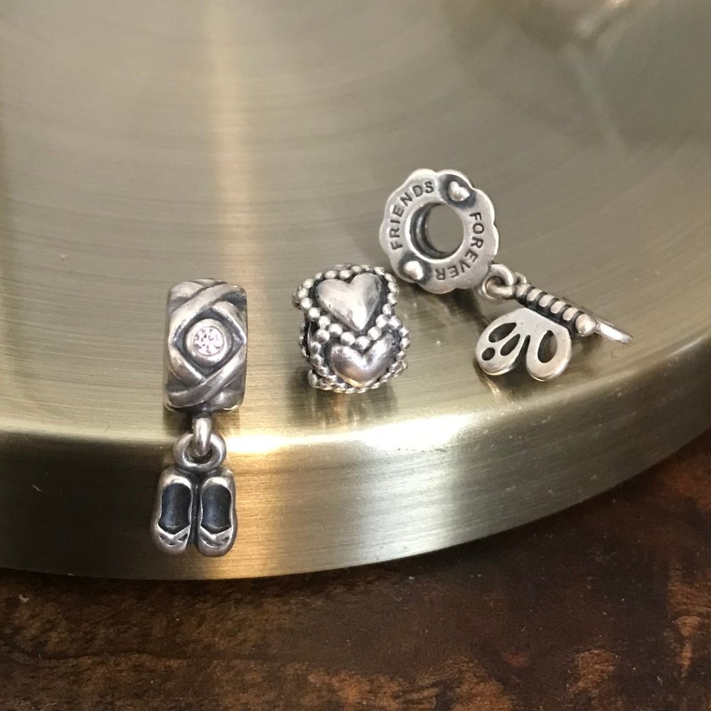 3 Pandora Charms, heart, ballet shoes, & butterfly
